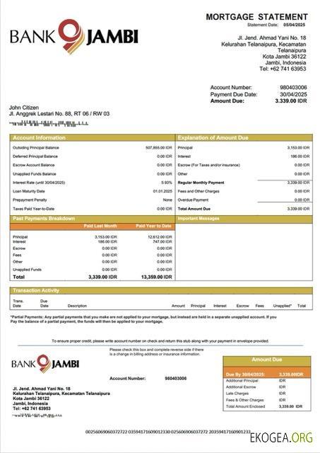 Modèle Word et PDF de relevé hypothécaire de la Banque indonésienne Jambi
